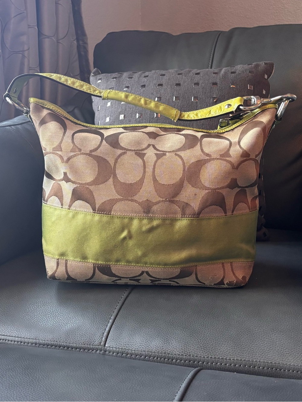 Coach Brown Signature Canvas Shoulder Bag with Lime Accent